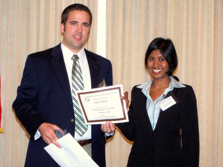 Neranga Gamage, 1st prize in Southeast Texas section – American Water Works Association, Student Paper Presentations, Houston, TX, February 2011