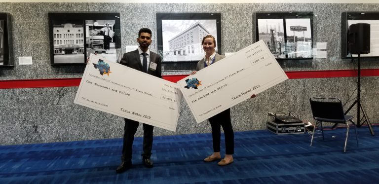Mahith Nadella, 1st prize and Hailey Muller Lavigne, 2nd prize in Texas Water 2019 Conference, Water Environment Association of Texas, Student Paper Presentation Contest, Houston, TX, April 2019